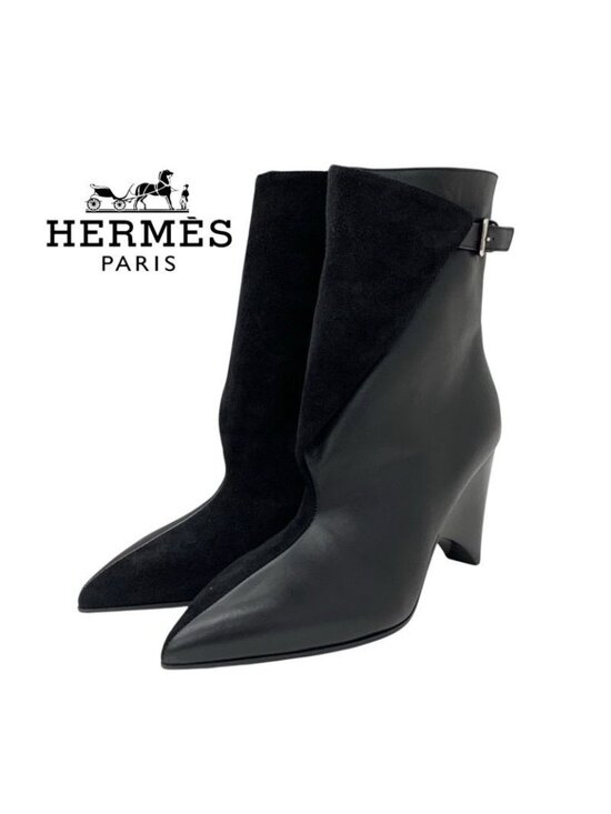 Hermes Shoes - Hermes Hanae Boots Short Shoes Suede Leather Black